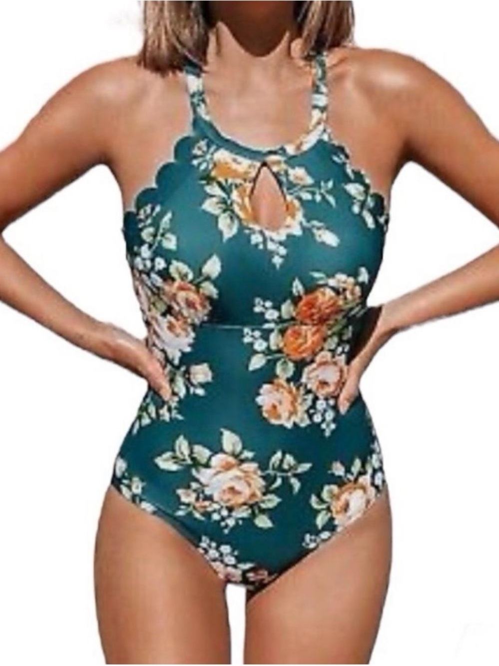 Cupshe Teal Large Floral Scalloped High-Neck One-Piece